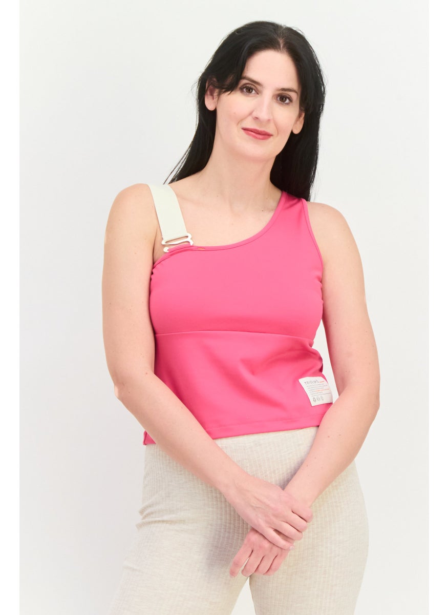 TRIBE OF 6 - Women Asymmetric Neck Sleeveless Brand Logo Tank Top, Dark Pink - Image 1