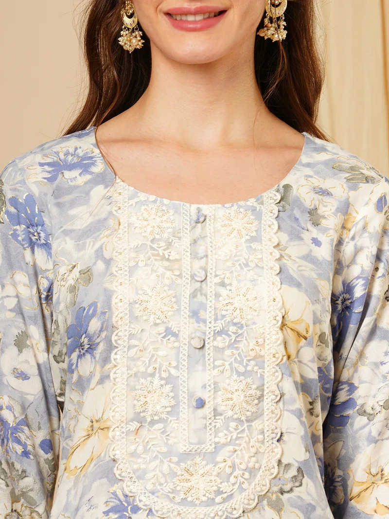 globus Women Blue Floral Foil Printed Sequinned Straight Kurta