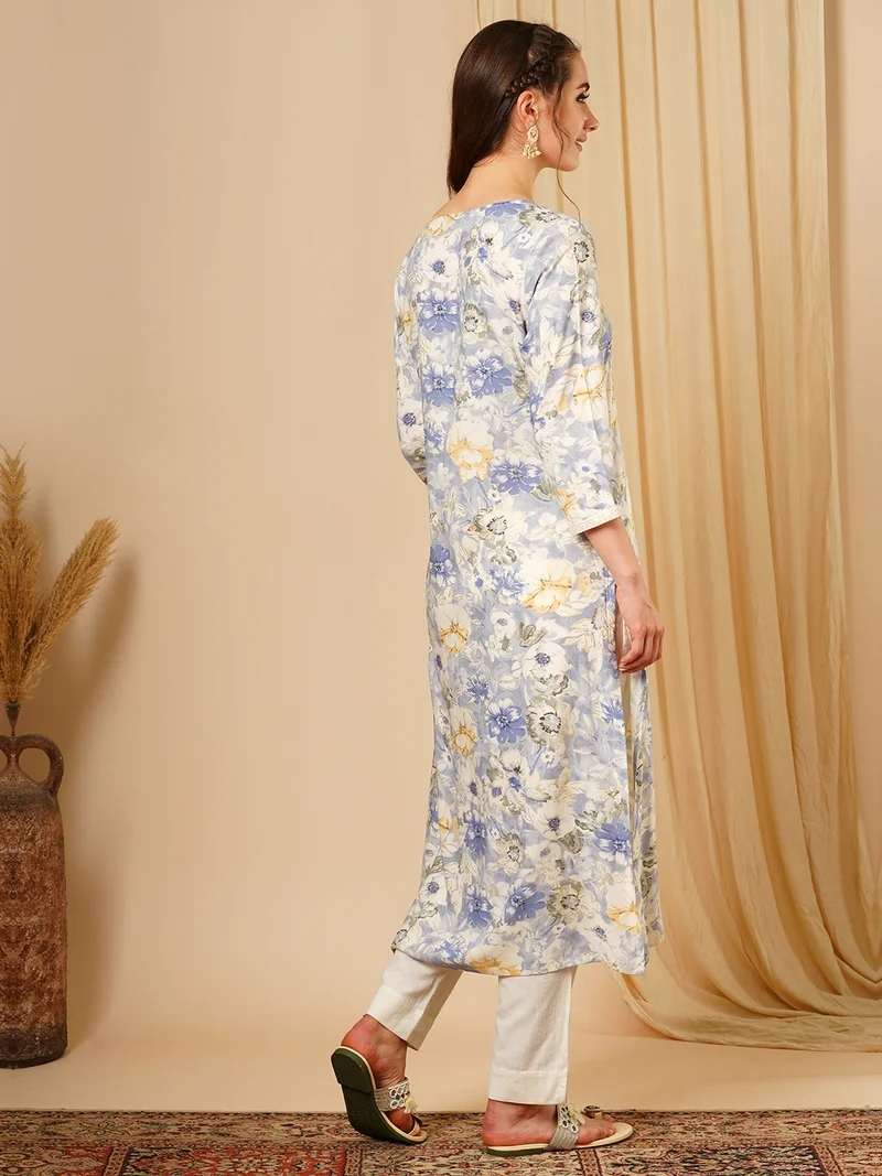 globus Women Blue Floral Foil Printed Sequinned Straight Kurta