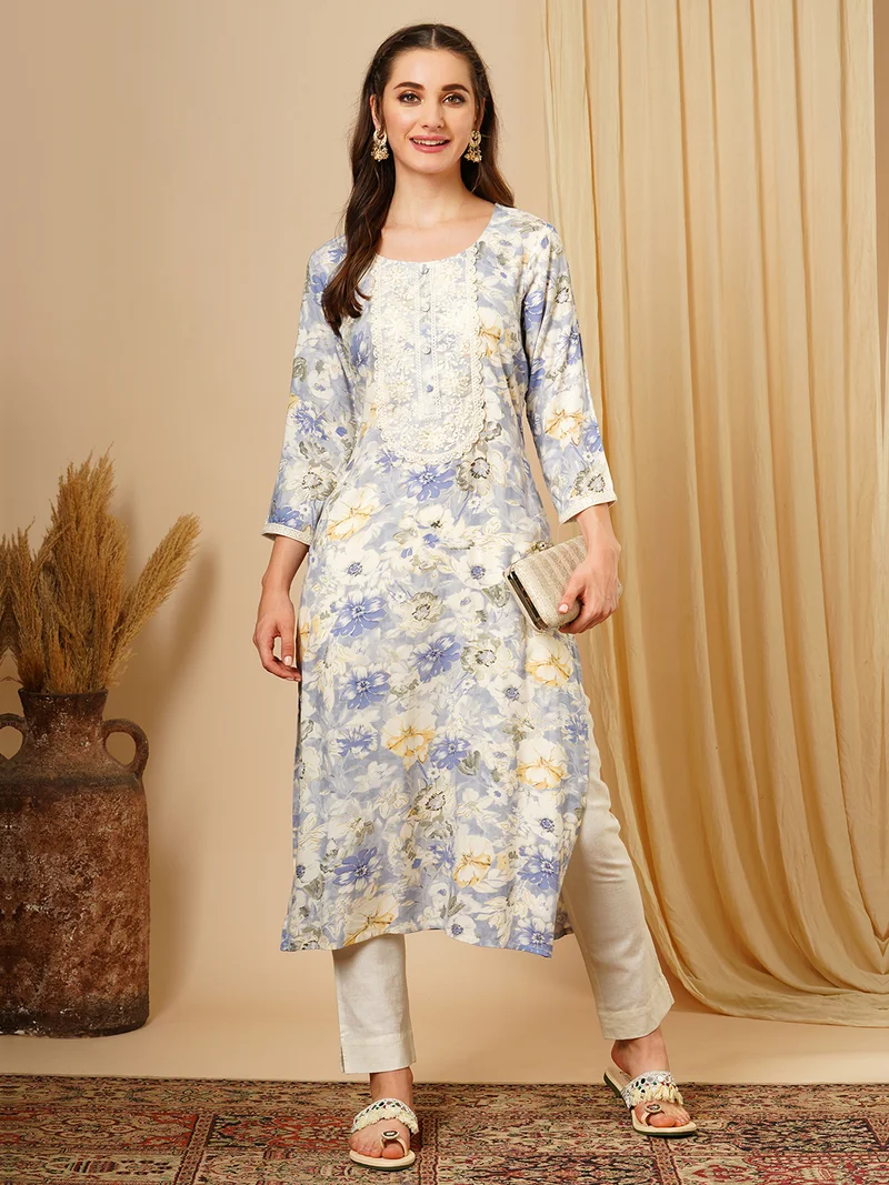 globus Women Blue Floral Foil Printed Sequinned Straight Kurta