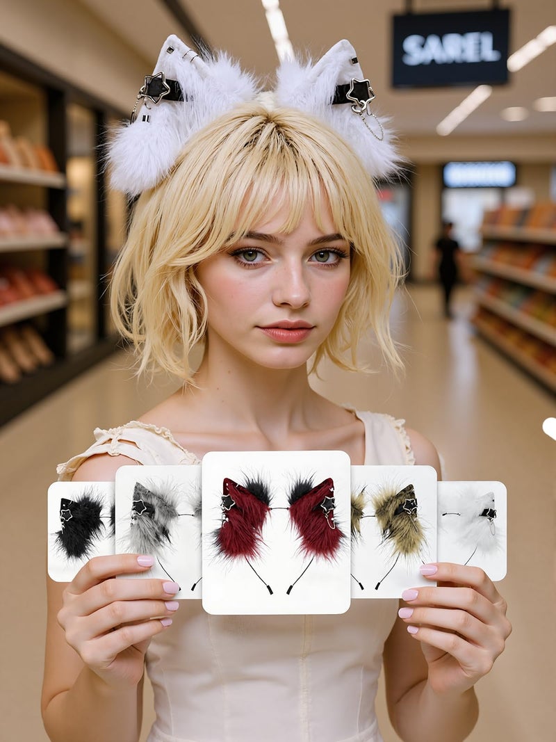 QinRuan Cat Ear HairBand Faux Fur Animal Ears Metal Chain Punk Dark Cosplay Custume Gothic Style Headwear - Image 4