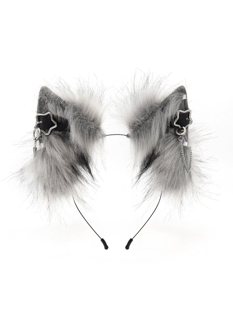 QinRuan Cat Ear HairBand Faux Fur Animal Ears Metal Chain Punk Dark Cosplay Custume Gothic Style Headwear - Image 1