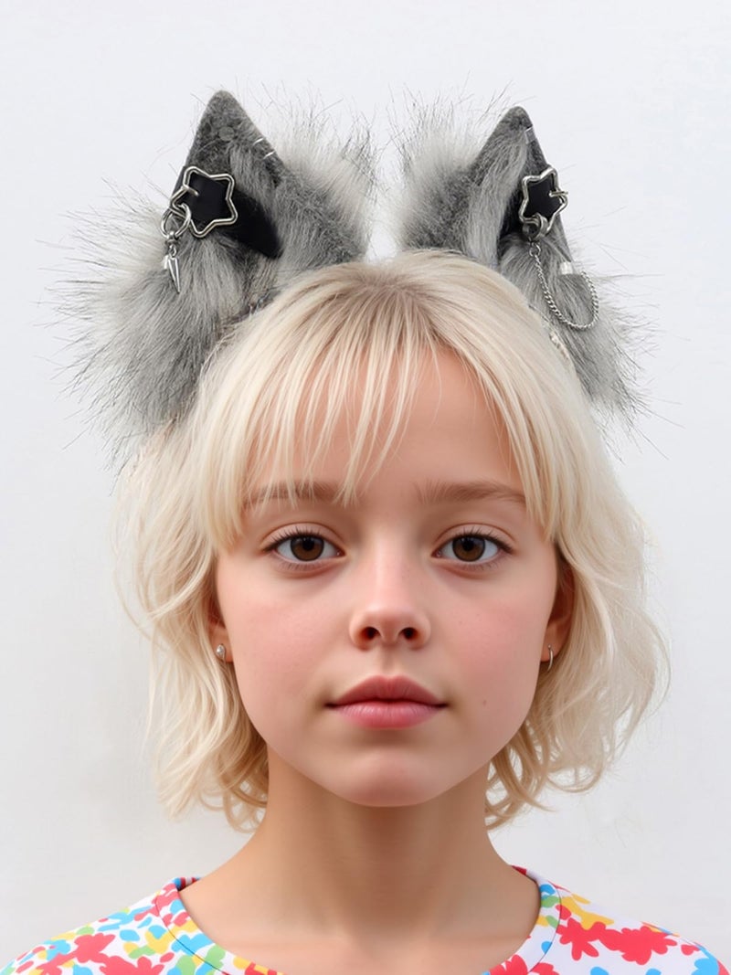 QinRuan Cat Ear HairBand Faux Fur Animal Ears Metal Chain Punk Dark Cosplay Custume Gothic Style Headwear - Image 2