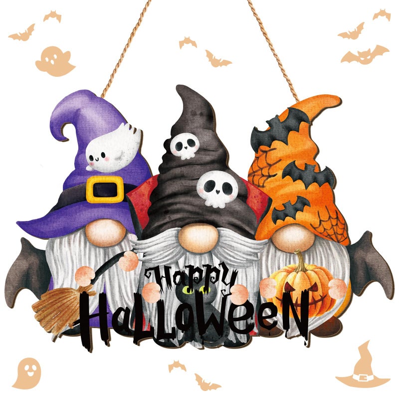 Huwena Halloween Welcome Door Sign Wood Vintage Rustic Hanging Decoration Halloween Horror Pattern Welcome Front Door Sign Wall Decoration for Indoor Outdoor PartyGnome Style