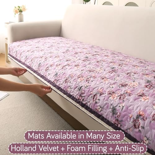 HOKIPO 'Florentina Series' Foam Filled Premium Holland Velvet Antiskid Sofa Cover Mat for 1/2/3 Seater & L-Shape Sofa. Make Your Own Set, Mat 70(D) x 170(L) cm, Peony Lavender (IN-881-V6) - Image 2