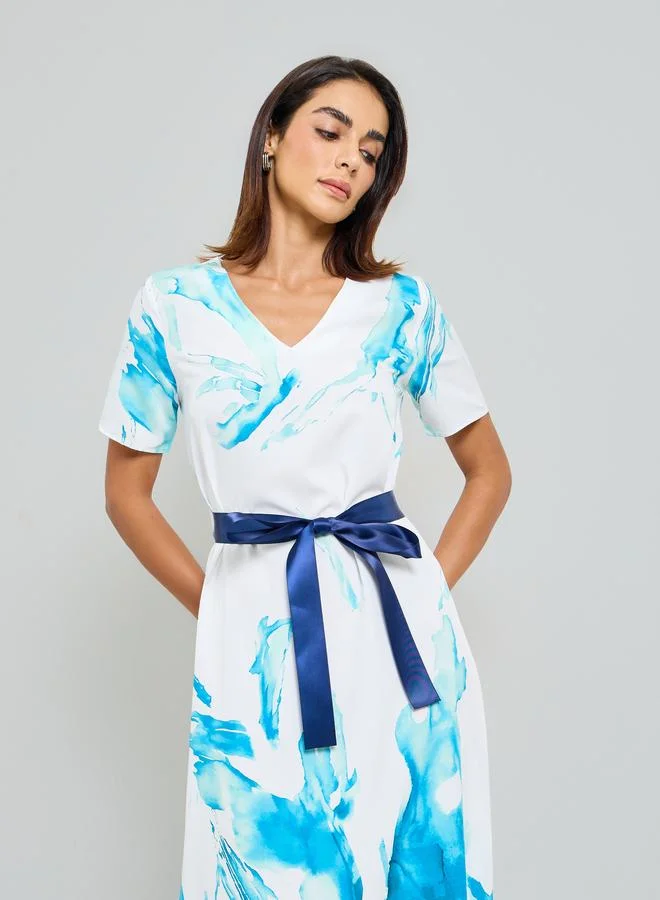 Take Two Abstract Print A-Line Maxi Dress with Belt