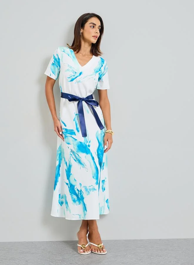 Abstract Print A-Line Maxi Dress with Belt