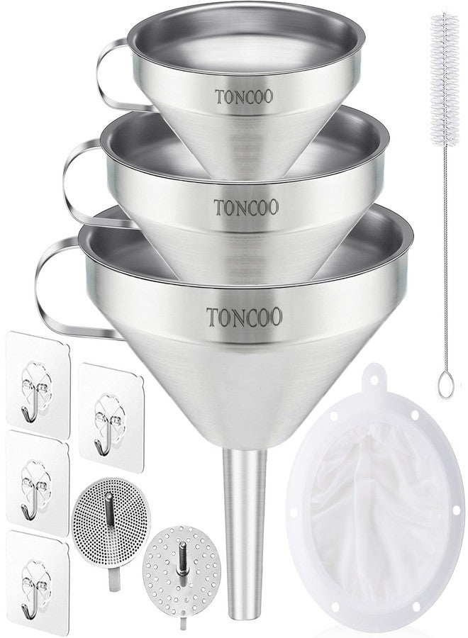 Toncoo مجموعة قمع تونكو من الفولاذ المقاوم للصدأ، 3 قطع، للاستخدام في المطبخ، قمع طهي آمن غذائياً مع 3 مصافي، مجموعة قمع مطبخ معدنية لملء الزجاجات - Image 1