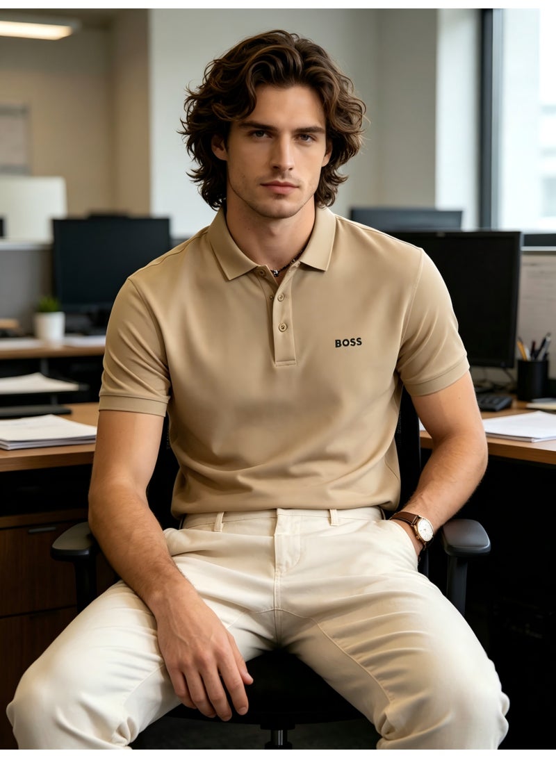 BOSS Men's Short Sleeve Polo Shirt, Classic Solid Color Casual Top, Breathable Fabric for Everyday & Smart Casual Wear - Beige - Image 5