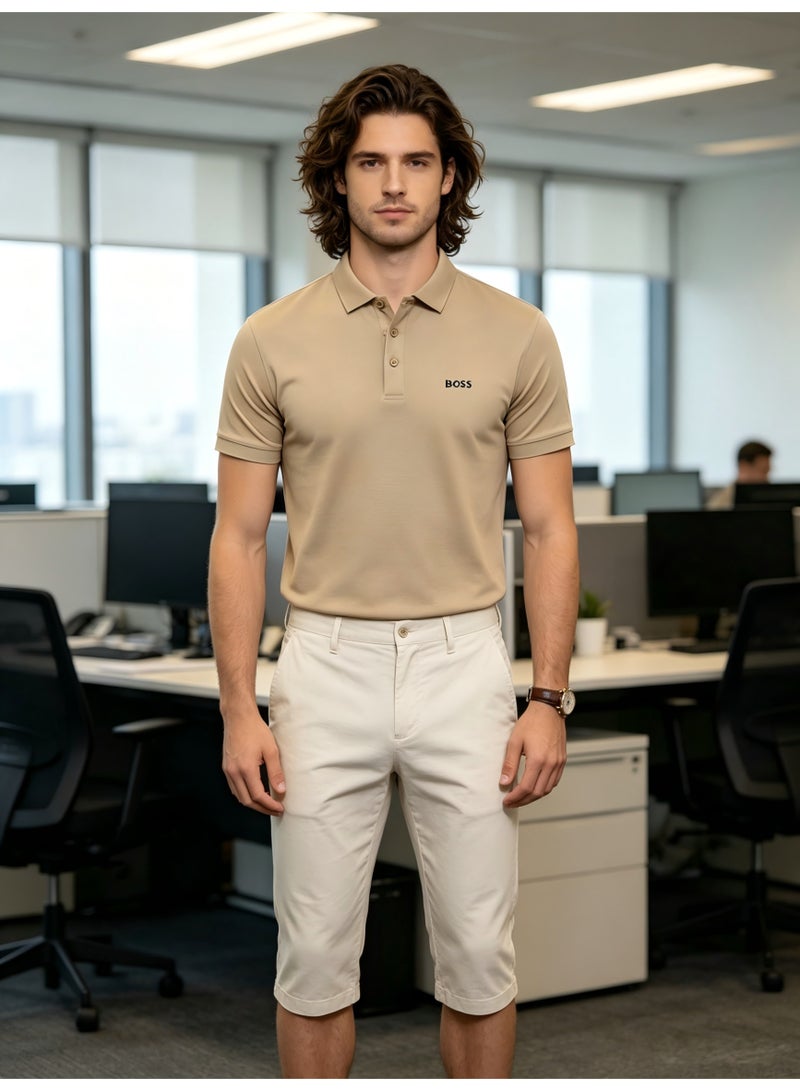BOSS Men's Short Sleeve Polo Shirt, Classic Solid Color Casual Top, Breathable Fabric for Everyday & Smart Casual Wear - Beige - Image 3