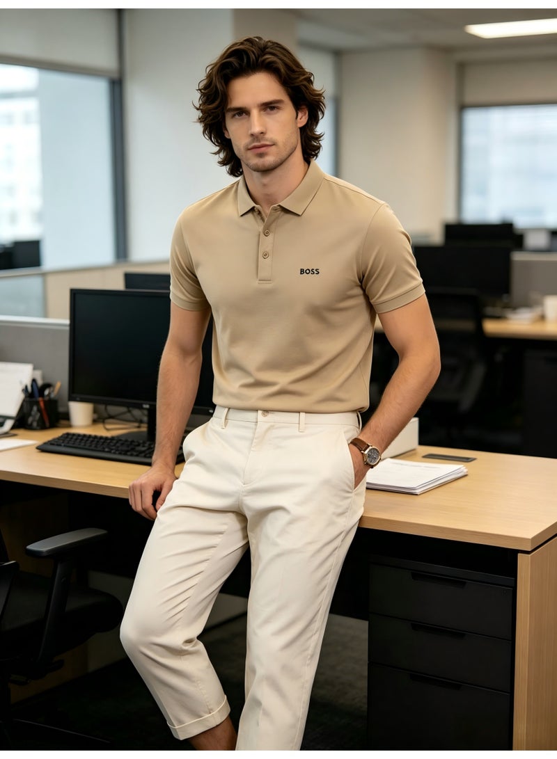 BOSS Men's Short Sleeve Polo Shirt, Classic Solid Color Casual Top, Breathable Fabric for Everyday & Smart Casual Wear - Beige - Image 4