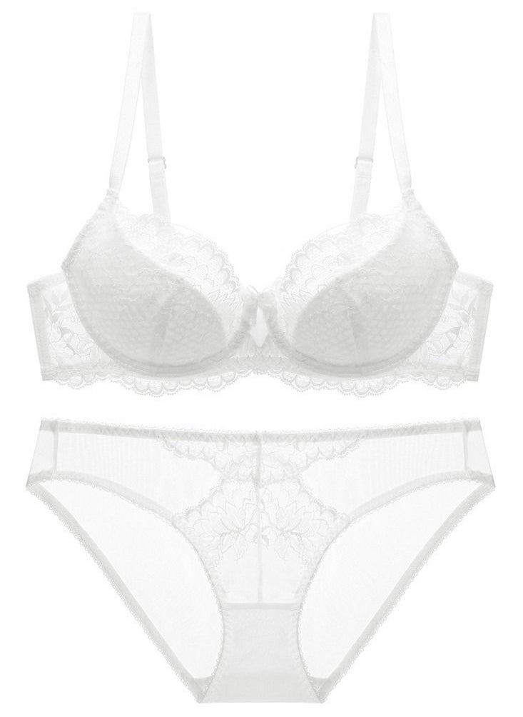 Loquat - Comfy Solid Color Thin Cup Lace Bra And Panty Set White - Image 1