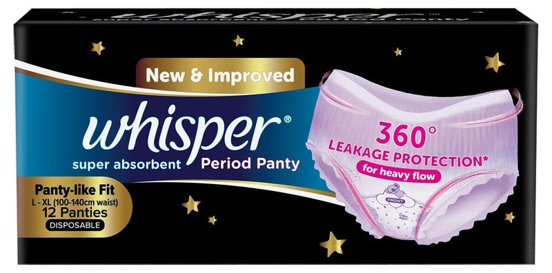 Whisper Super Absorbent Period Panty, 12 L-XL Pants, 360 Degree Leakage Protection for Heavy Flow, Panty like Fit for Full back Coverage, Absorbs Heavy Gushes, Silky Soft, Comfortable Feel - Image 1