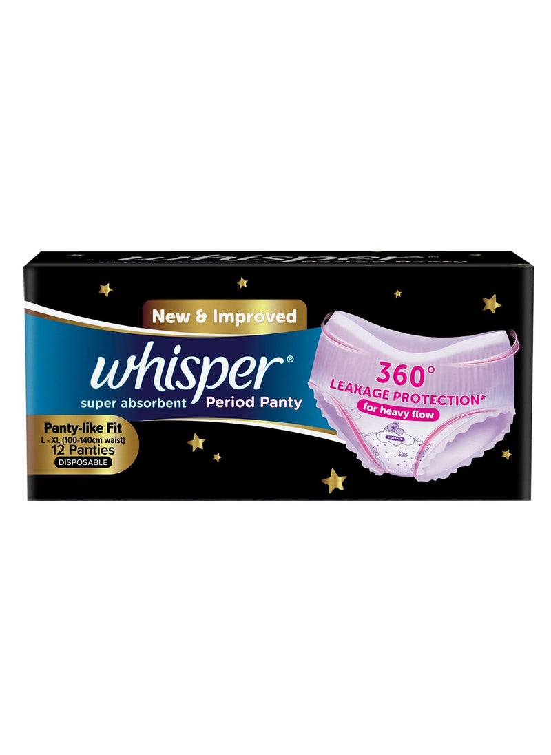Whisper Super Absorbent Period Panty, 12 L-XL Pants, 360 Degree Leakage Protection for Heavy Flow, Panty like Fit for Full back Coverage, Absorbs Heavy Gushes, Silky Soft, Comfortable Feel  - Image 1