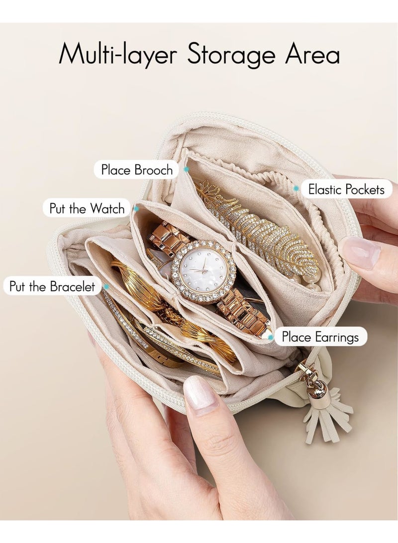 SYOSI حافظة مجوهرات للسفر، حقيبة صغيرة من المخمل لتنظيم المجوهرات بسحاب، حقيبة تخزين محمولة للخواتم والأقراط والأساور والقلائد، حاملة مدمجة للنساء والفتيات، هدية سفر مثالية، أبيض كريمي - Image 2