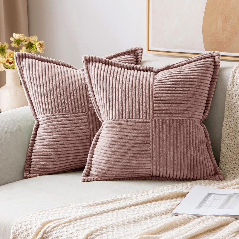 MIULEE Spring Decorative Throw Pillow Covers for Couch Bed Livingroom 18x18 Inch Set of 2 Blush Pink Boho Accent Throw Pllows Broadside Striped Patchwork Soft Corduroy Pillowcases Valentine Decor - Image 1