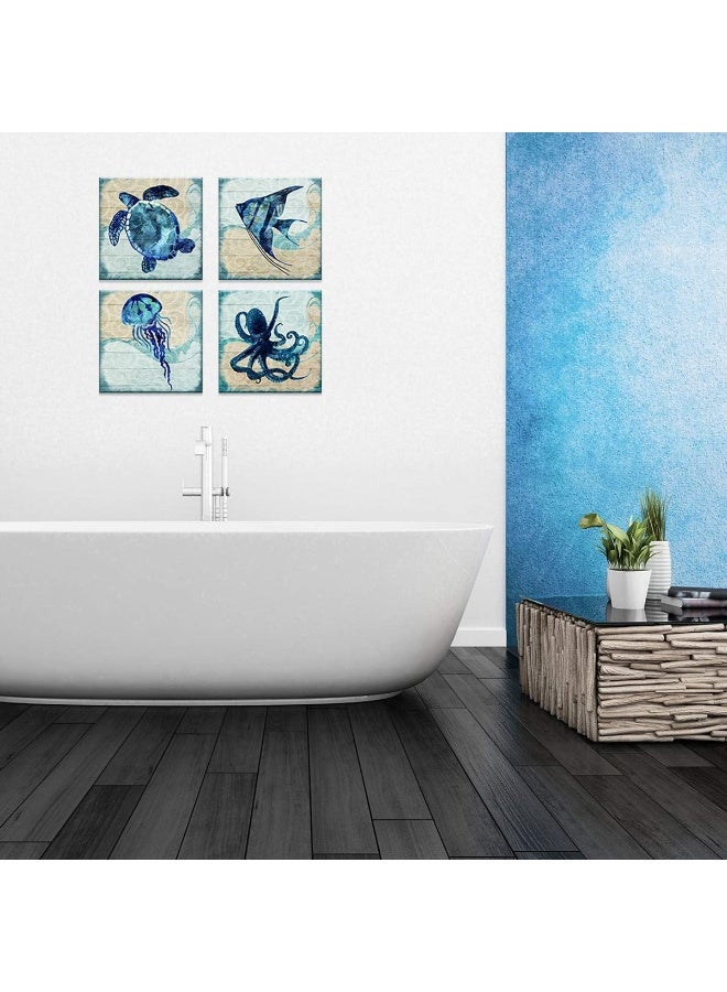 YOOOAHU Navy Blue Beach Themed Fish Wall Art Kids Bedroom Nursery Room Decor Sea Turtle Jellyfish Octopus Canvas Pictures Boho Ocean Animal Painting Artworks for Bathroom Home Living Decorations 12x12" 4 Pcs - Image 4