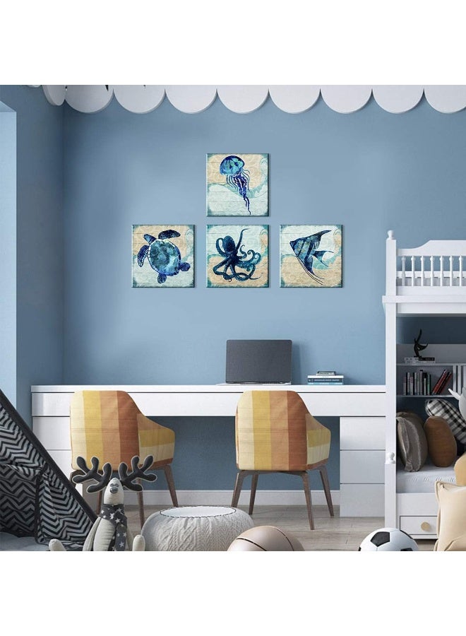 YOOOAHU Navy Blue Beach Themed Fish Wall Art Kids Bedroom Nursery Room Decor Sea Turtle Jellyfish Octopus Canvas Pictures Boho Ocean Animal Painting Artworks for Bathroom Home Living Decorations 12x12" 4 Pcs - Image 5