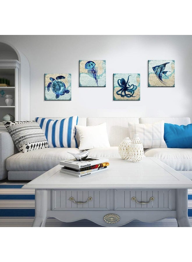 YOOOAHU Navy Blue Beach Themed Fish Wall Art Kids Bedroom Nursery Room Decor Sea Turtle Jellyfish Octopus Canvas Pictures Boho Ocean Animal Painting Artworks for Bathroom Home Living Decorations 12x12" 4 Pcs - Image 2