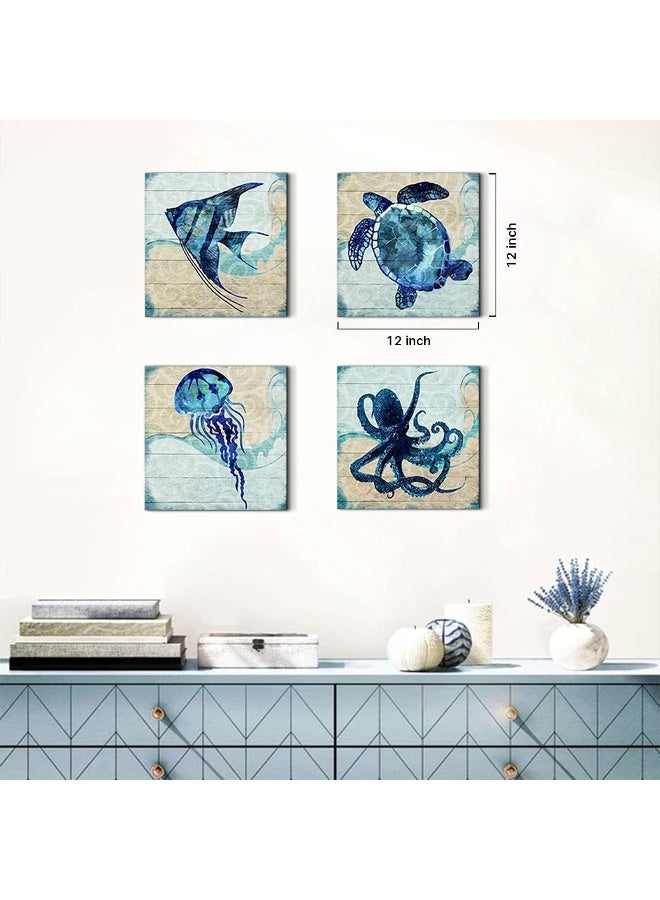 YOOOAHU Navy Blue Beach Themed Fish Wall Art Kids Bedroom Nursery Room Decor Sea Turtle Jellyfish Octopus Canvas Pictures Boho Ocean Animal Painting Artworks for Bathroom Home Living Decorations 12x12" 4 Pcs - Image 3