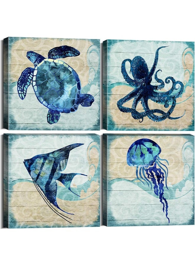 YOOOAHU Navy Blue Beach Themed Fish Wall Art Kids Bedroom Nursery Room Decor Sea Turtle Jellyfish Octopus Canvas Pictures Boho Ocean Animal Painting Artworks for Bathroom Home Living Decorations 12x12" 4 Pcs - Image 1