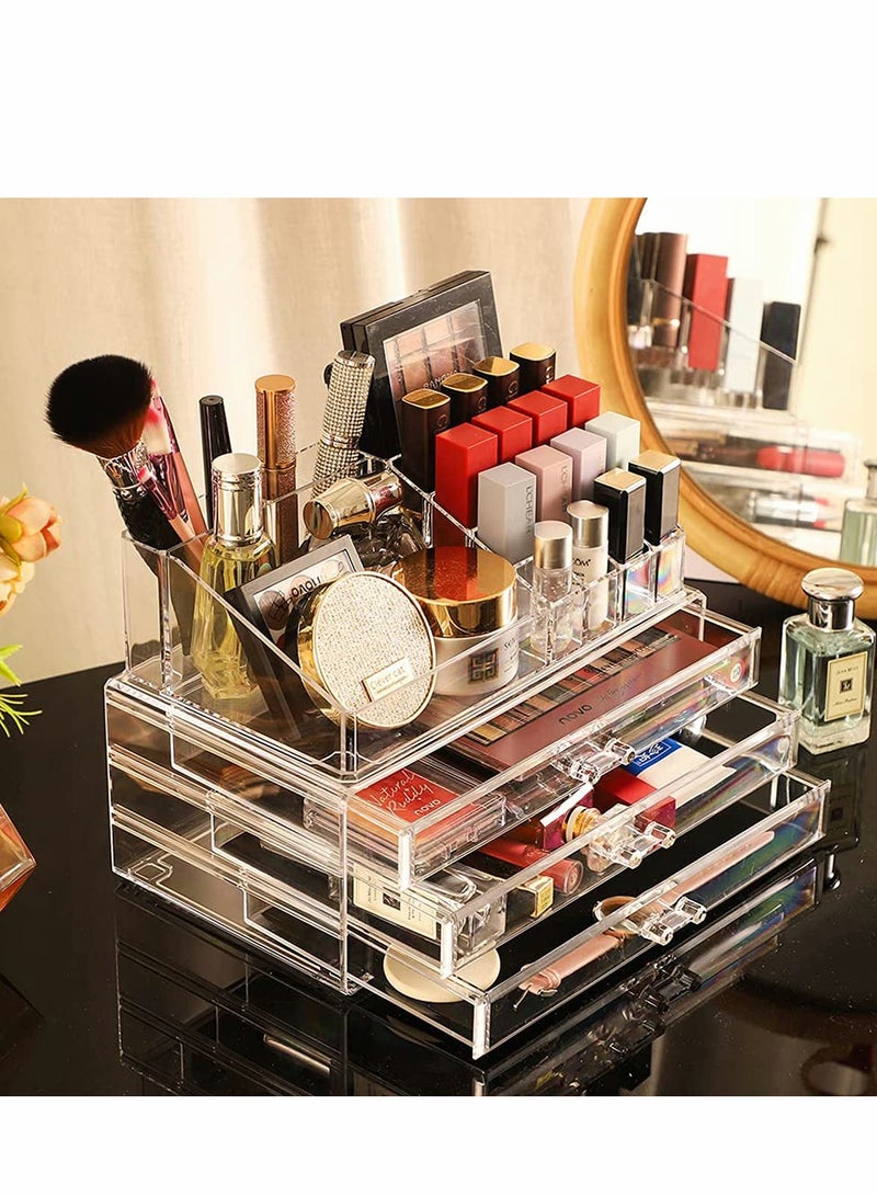 KASTWAVE Large Cosmetic Makeup Organizer with Drawers and Brush Organizer, Acrylic Skin Care Storage Display Case, Stackable Box With 3 Drawers for Bathroom Countertop and Bedroom Vanity Dresser - Image 3