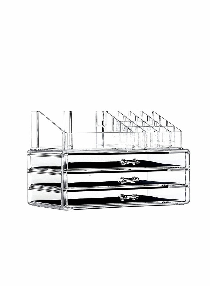 KASTWAVE Large Cosmetic Makeup Organizer with Drawers and Brush Organizer, Acrylic Skin Care Storage Display Case, Stackable Box With 3 Drawers for Bathroom Countertop and Bedroom Vanity Dresser - Image 1