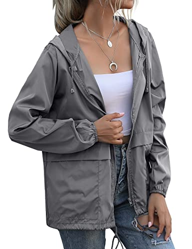 JMinger Women's Waterproof Raincoat Lightweight Rain Jacket Hooded Windbreaker With Pockets For Outdoor Grey - Image 3