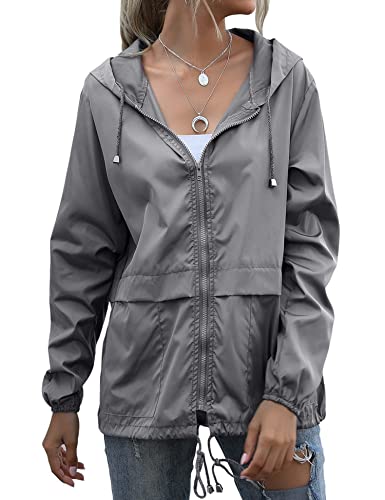 JMinger Women's Waterproof Raincoat Lightweight Rain Jacket Hooded Windbreaker With Pockets For Outdoor Grey - Image 2