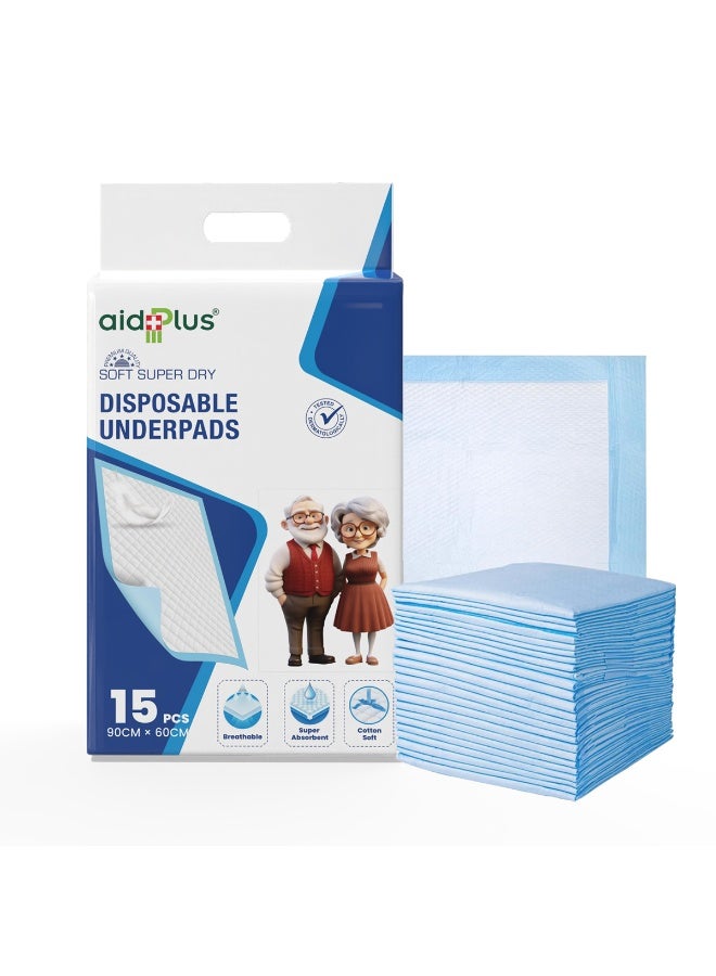 AID PLUS وسادات تحتية قابلة للتصرف – (عبوة من 15) ناعمة، فائقة الامتصاص، مضادة للبكتيريا ومقاومة للتسرب 90 سم × 60 سم للاستخدام من قبل كبار السن، المستشفيات، الأطفال، والحيوانات الأليفة - Image 1