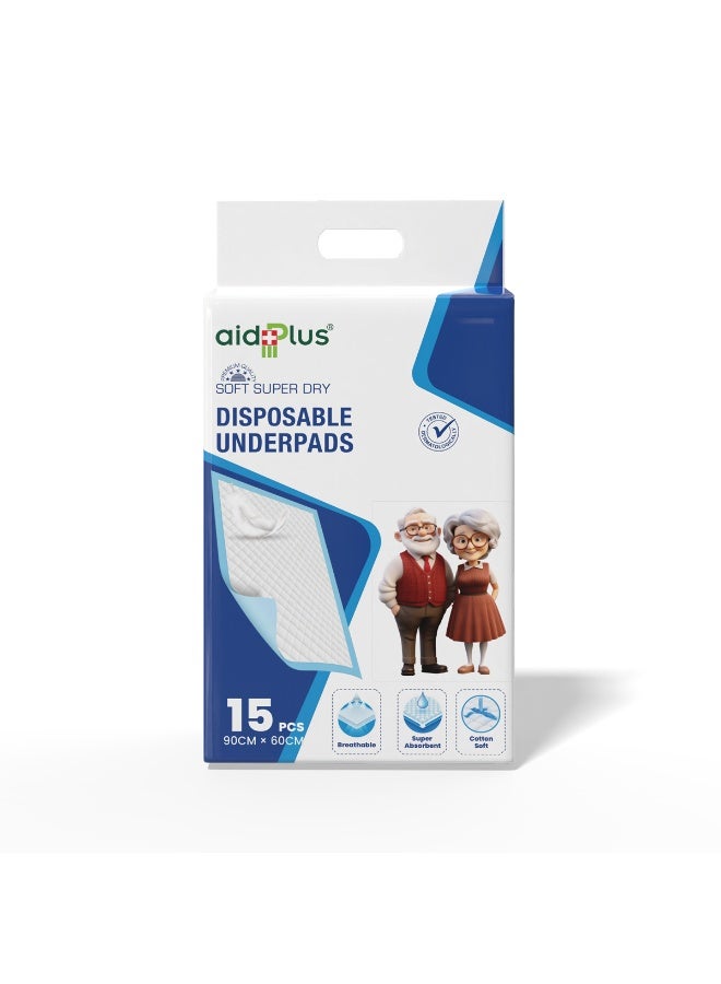 AID PLUS وسادات تحتية قابلة للتصرف – (عبوة من 15) ناعمة، فائقة الامتصاص، مضادة للبكتيريا ومقاومة للتسرب 90 سم × 60 سم للاستخدام من قبل كبار السن، المستشفيات، الأطفال، والحيوانات الأليفة - Image 2