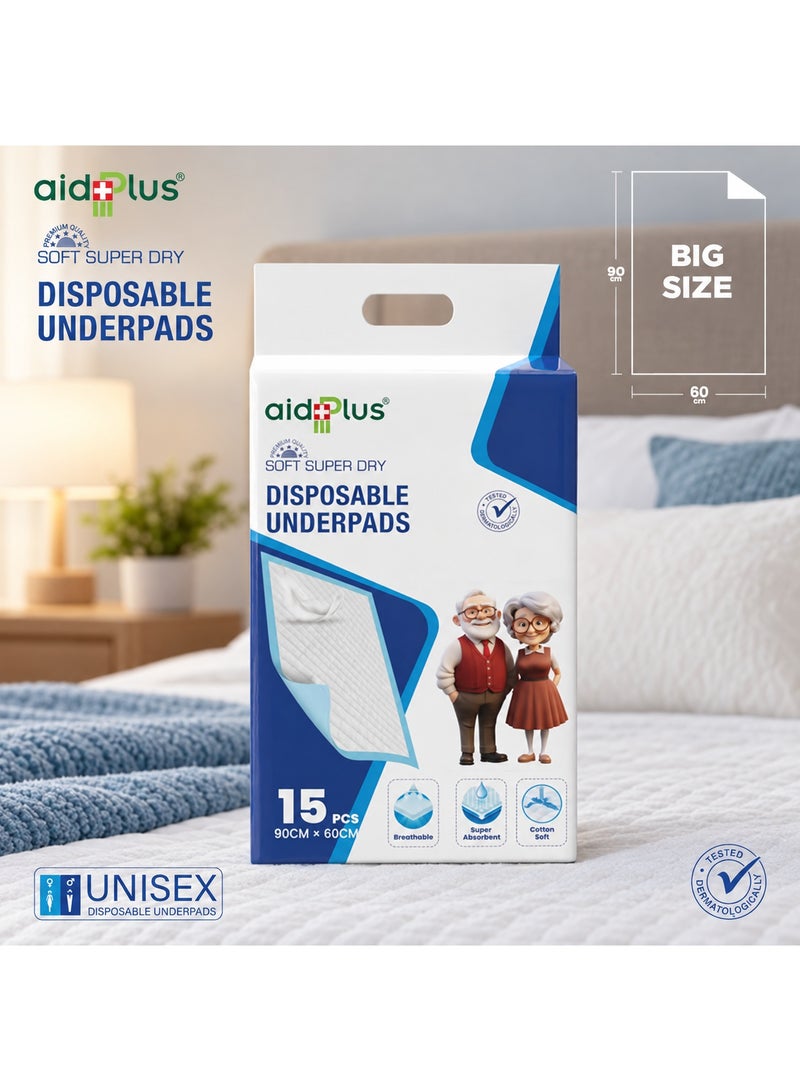AID PLUS وسادات تحتية قابلة للتصرف – (عبوة من 15) ناعمة، فائقة الامتصاص، مضادة للبكتيريا ومقاومة للتسرب 90 سم × 60 سم للاستخدام من قبل كبار السن، المستشفيات، الأطفال، والحيوانات الأليفة - Image 2