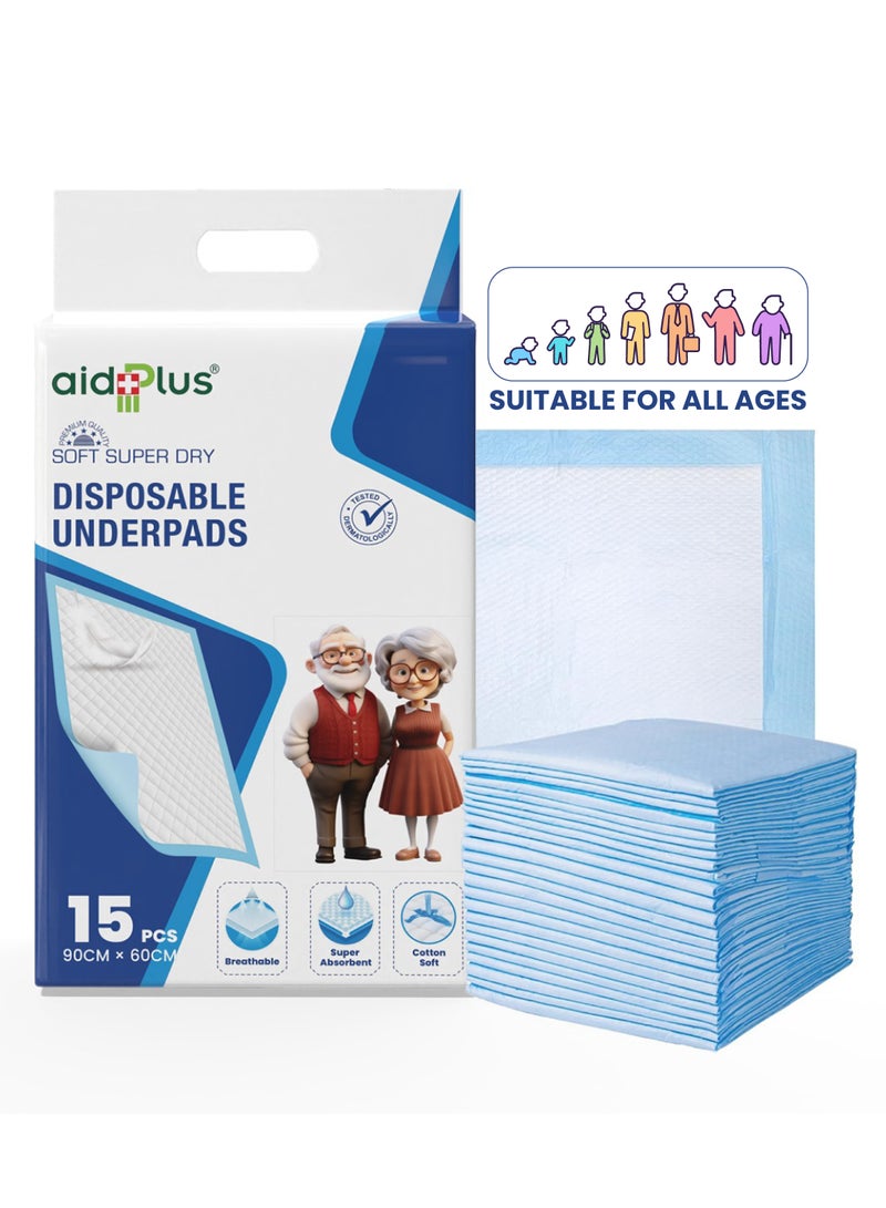 AID PLUS وسادات تحتية قابلة للتصرف – (عبوة من 15) ناعمة، فائقة الامتصاص، مضادة للبكتيريا ومقاومة للتسرب 90 سم × 60 سم للاستخدام من قبل كبار السن، المستشفيات، الأطفال، والحيوانات الأليفة - Image 1