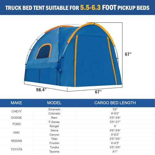 Qualencey Pickup Truck Tent with Awning Shade,Waterproof PU5000mm Oxford for 5.5-6.3 FT Truck Bed for Camping Travel Outdoor Activities for Chevy Silverado 1500,Ram 1500/Dakota,F150,GMC 1500,Titan,Tundra (blue) - Image 2