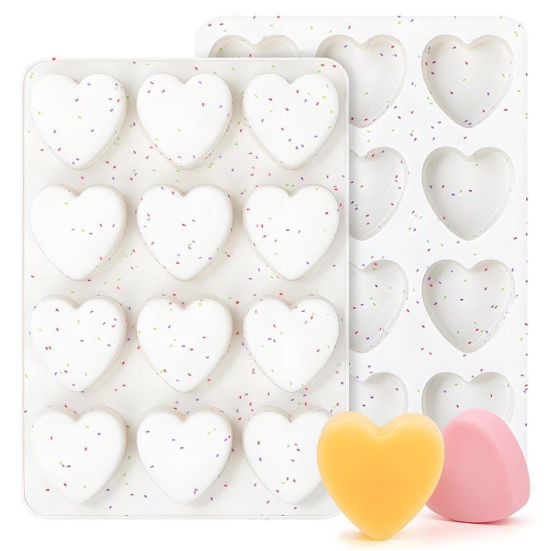 Fchil Heart Shaped Silicone Molds for Baking, 12-Cavity 3D Chocolate Heart Mold Trays for Ice Cube Cake Pastry Pancake Candy Soap, Set of 2, Cream - Image 1