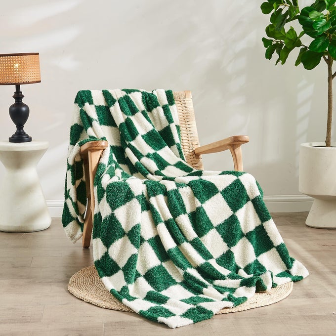 CHECKERED BLANKET MICROFIBER SUPER SOFT KNIT FOREST GREEN THROW BLANKET FOR COUCH SOFA CHAIR BED CAMPING LIGHTWEIGHT TRAVEL BED BLANKET 6080