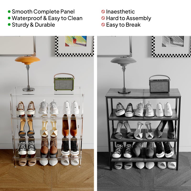 Aquiver 4-Tier Acrylic Shoe Rack - Shoe Rack Organizer - Modern Shoe Storage Shelf, Holds 12-16 Pairs of Shoes for Entryway, Closet - 25.6'' L x 11.8'' W x 28.3'' H, Clear, Easy Assembly & Clean - Image 5