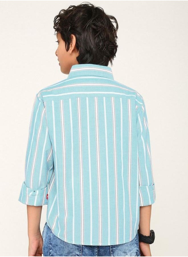 Bonkids - Boy's shirts in regular fit aqua colour cotton fabric embellished pattern pull over closure woven weave type round collar type round neckline half sleeve length button down upper body wear type suitable for casual occasions – where comfort meets vibrant creativity! - Image 1