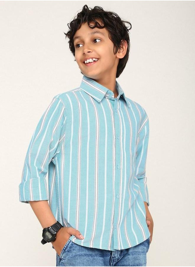 Bonkids - Boy's shirts in regular fit aqua colour cotton fabric embellished pattern pull over closure woven weave type round collar type round neckline half sleeve length button down upper body wear type suitable for casual occasions – where comfort meets vibrant creativity! - Image 1