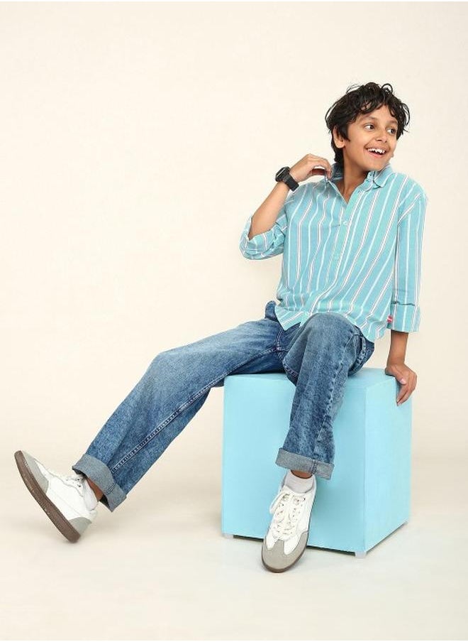 Bonkids - Boy's shirts in regular fit aqua colour cotton fabric embellished pattern pull over closure woven weave type round collar type round neckline half sleeve length button down upper body wear type suitable for casual occasions – where comfort meets vibrant creativity! - Image 1