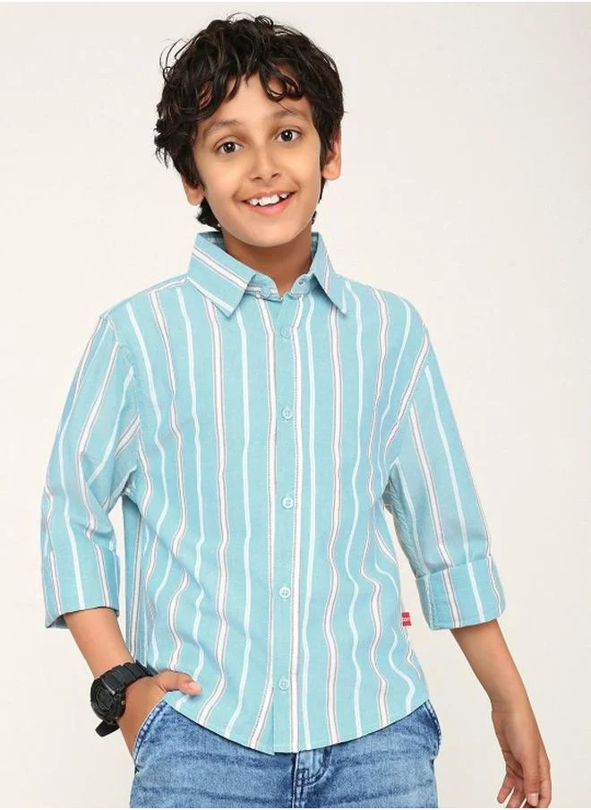 بونكيدز Boy's shirts in regular fit aqua colour cotton fabric embellished pattern pull over closure woven weave type round collar type round neckline half sleeve length button down upper body wear type suitable for casual occasions – where comfort meets vibrant creativity!