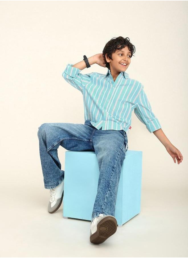 Bonkids - Boy's shirts in regular fit aqua colour cotton fabric embellished pattern pull over closure woven weave type round collar type round neckline half sleeve length button down upper body wear type suitable for casual occasions – where comfort meets vibrant creativity! - Image 1