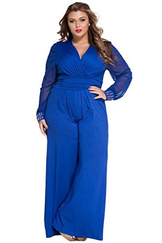 Cokar Womens Plus Size Jumpsuits Long Sleeve V-neck Casual Style Set, Blue, 1X Plus - Image 1
