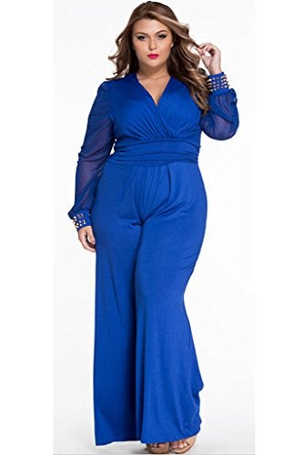 Cokar Womens Plus Size Jumpsuits Long Sleeve V-neck Casual Style Set, Blue, 1X Plus - Image 3