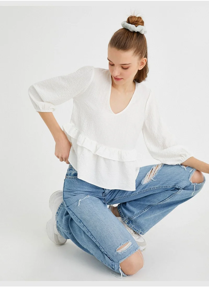 كوتون V Neck Frill 3/4 Sleeve Blouse