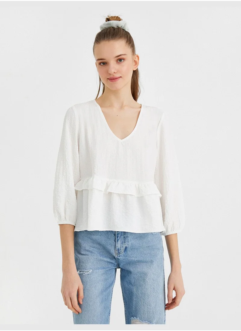 كوتون V Neck Frill 3/4 Sleeve Blouse