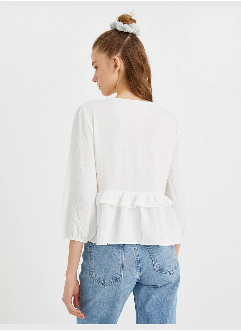 كوتون V Neck Frill 3/4 Sleeve Blouse