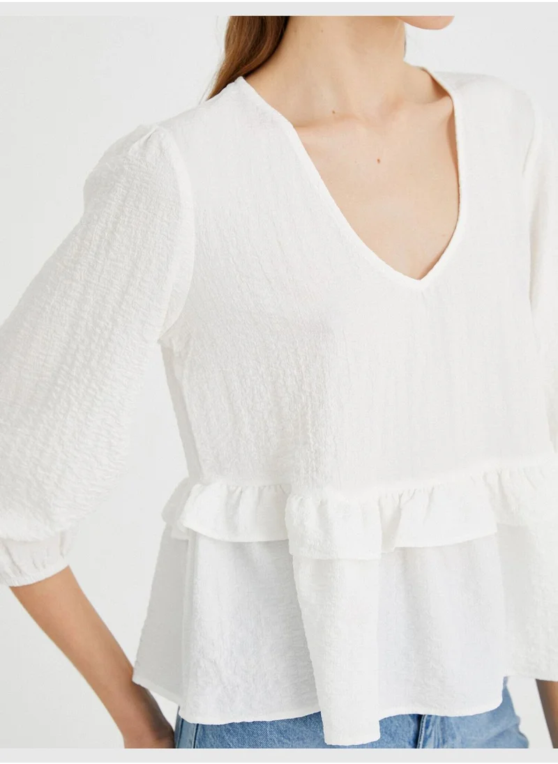 كوتون V Neck Frill 3/4 Sleeve Blouse