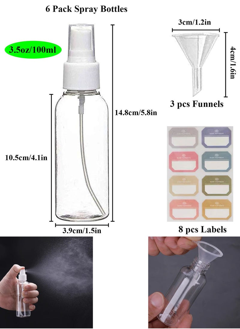 Qiccijoo - Qiccijoo 6 Pack Spray Bottles 3.5oz/100ml Clear Empty Fine Mist Plastic Mini Travel Bottle Set for Perfumes, Travel, Small Refillable Liquid Containers with 3pcs Funnels and 8pcs Labels - Image 1