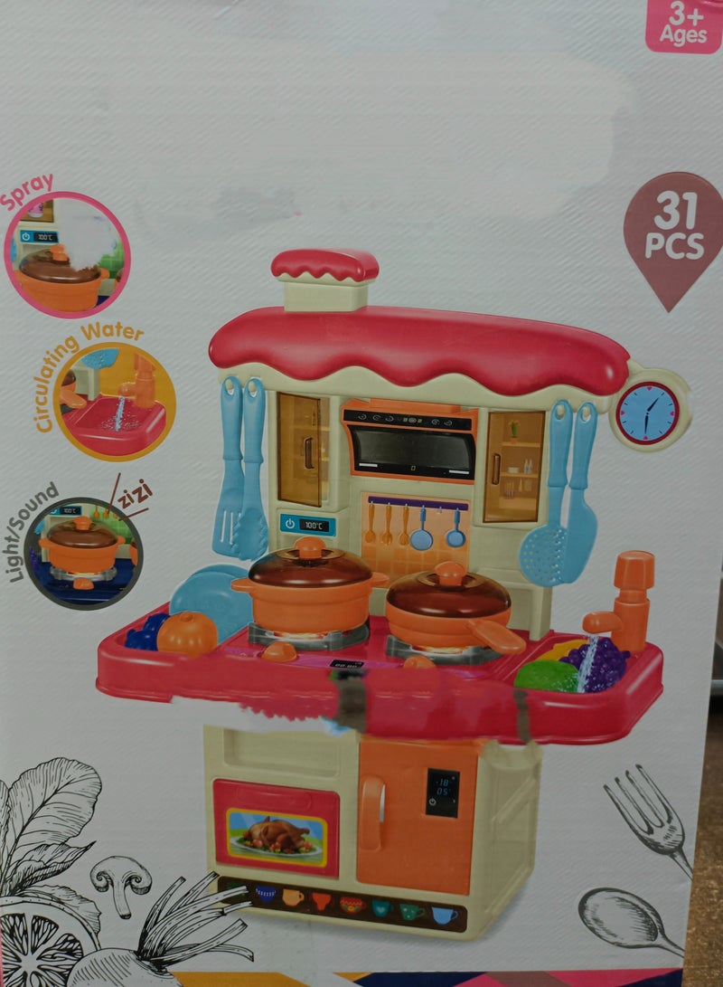 31 Pieces Mini Plastic Kitchen Toys for Kids and Girls, Kitchen Accessories Toys, with Realistic Lights and Sounds and Running Water, Pretend Role Play Set, Cooking Toys for Girls